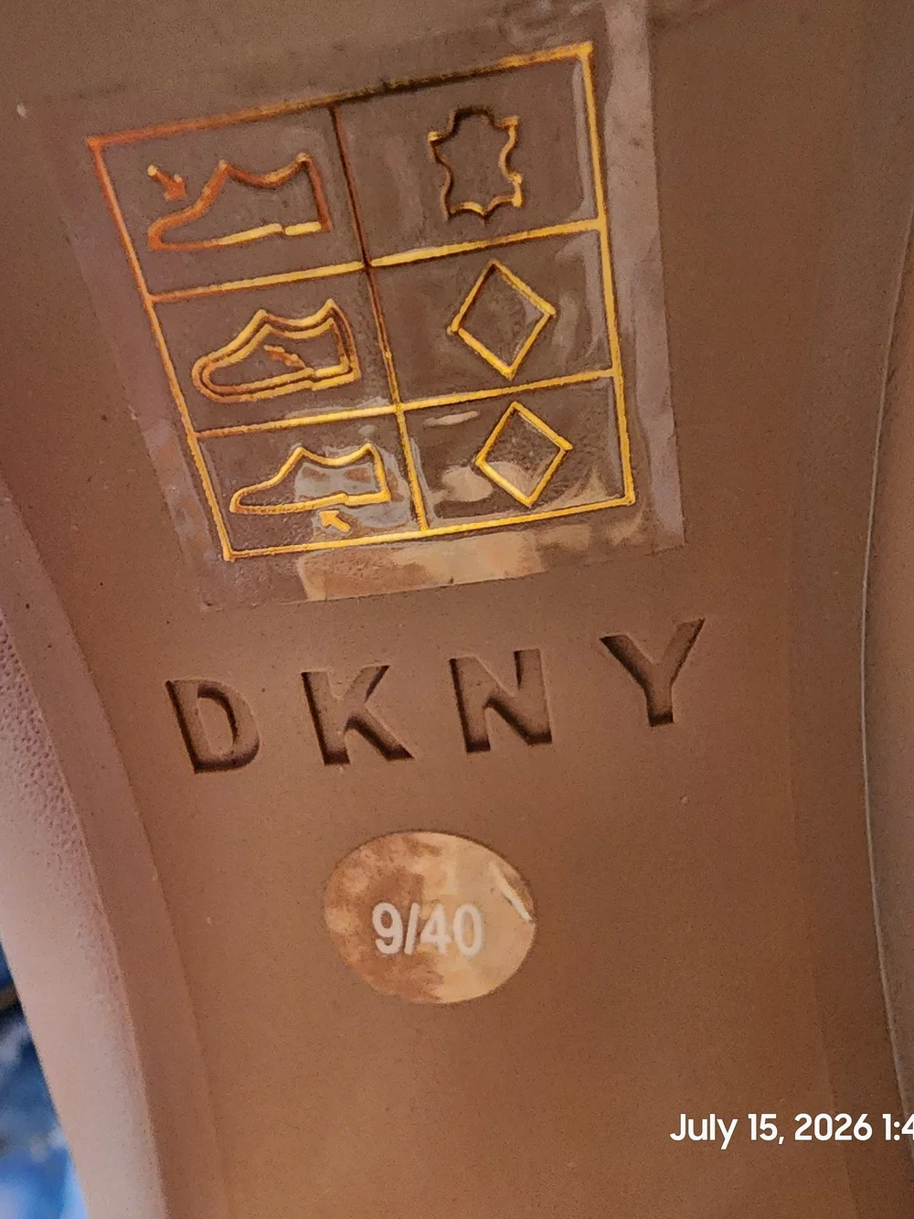 DKNY Tan Block Heel Pumps with Gold M Metal Plate Trim Logo Band